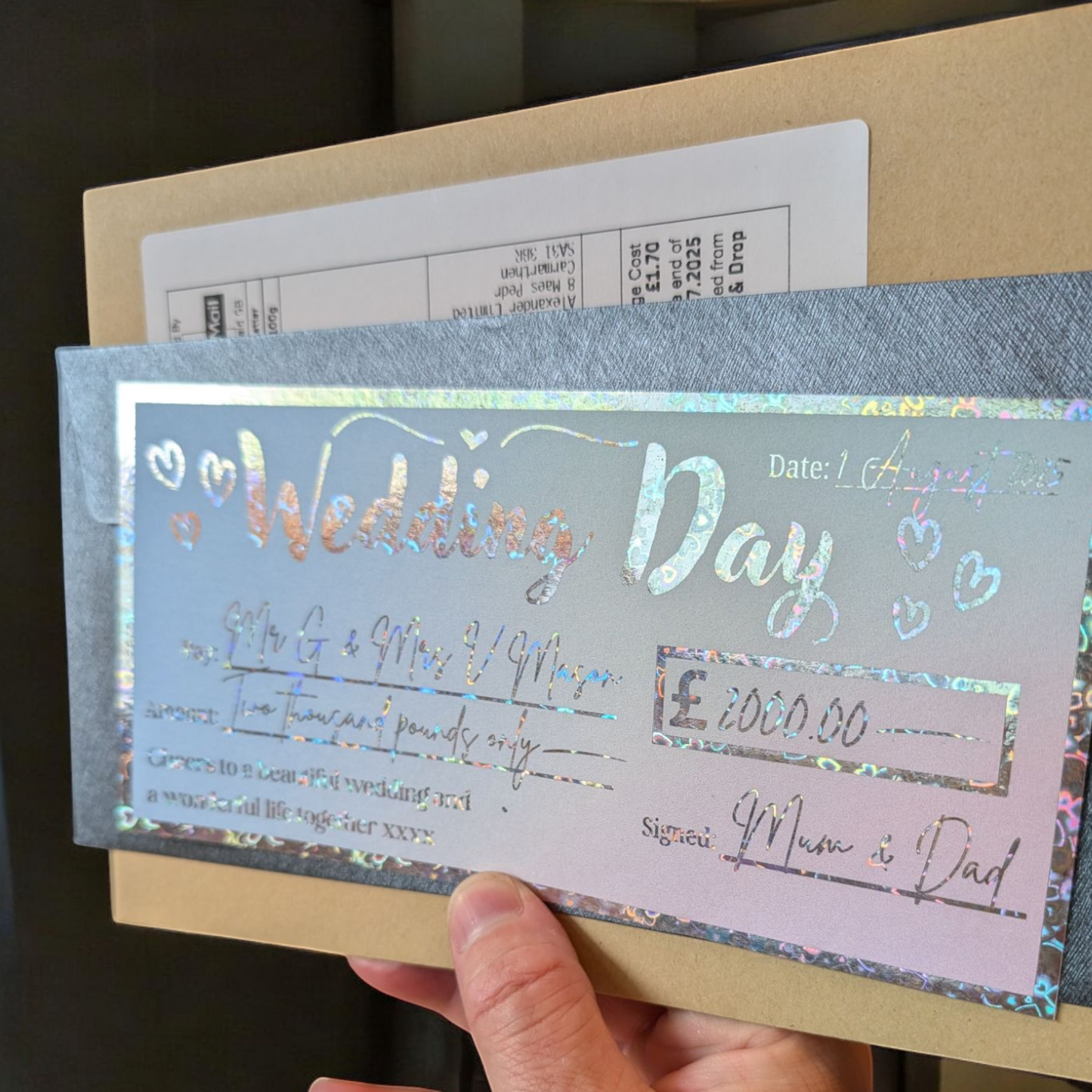 Personalised Money Cheque Foil Ticket For Wedding Gift Bride Groom Check Day Daughter Son Keepsake Voucher