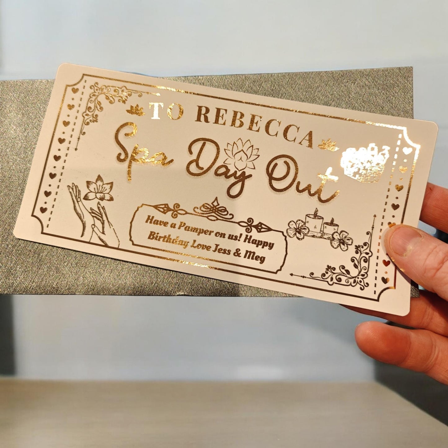 Personalised Foil Spa Day Ticket - Custom Spa Gift Voucher with Message - Luxury Spa Day Experience Gift for Her - Unique Relaxation Present