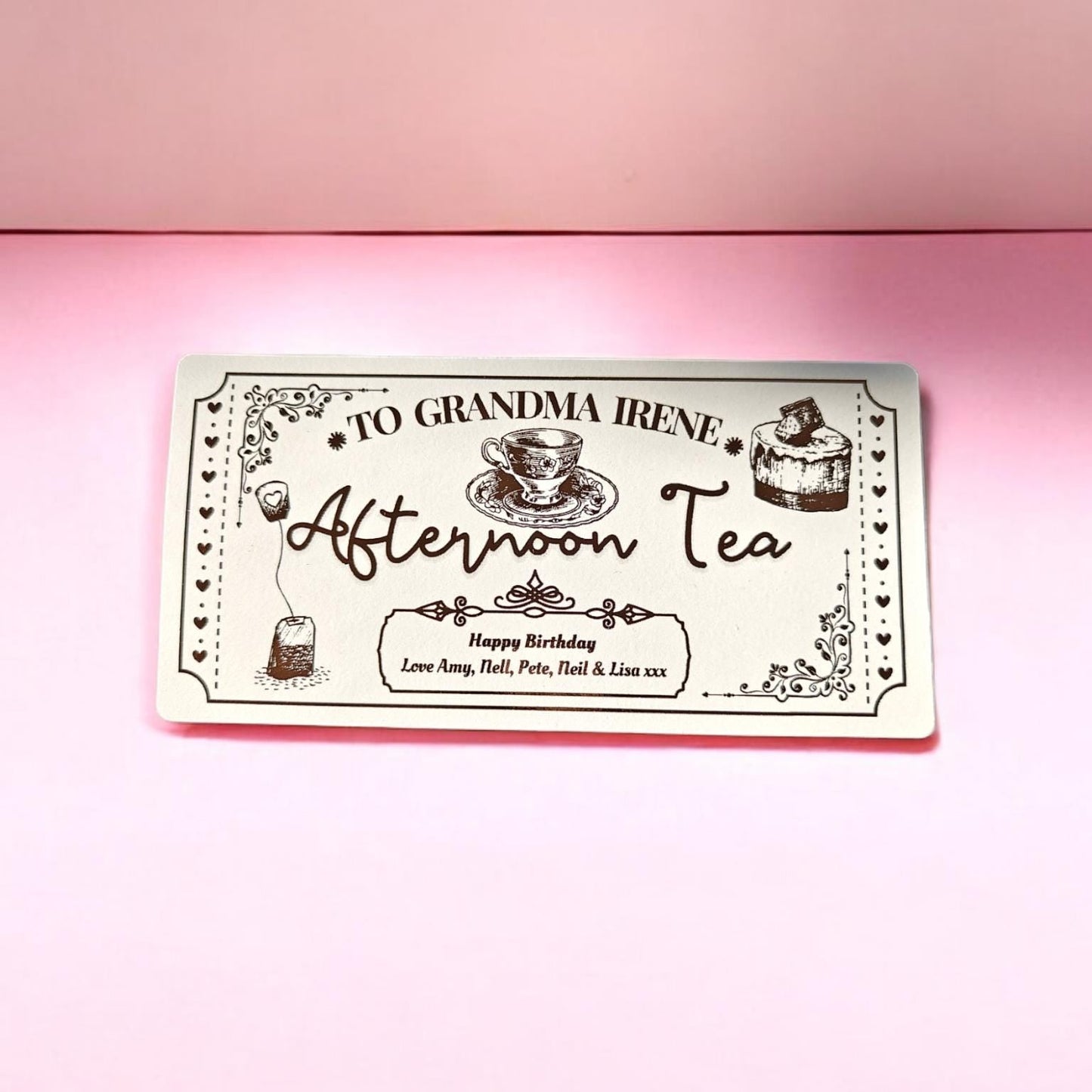 Afternoon Tea Foil Token Ticket Birthday Gift Idea Personalised Day Out For Her Mum Gran Party