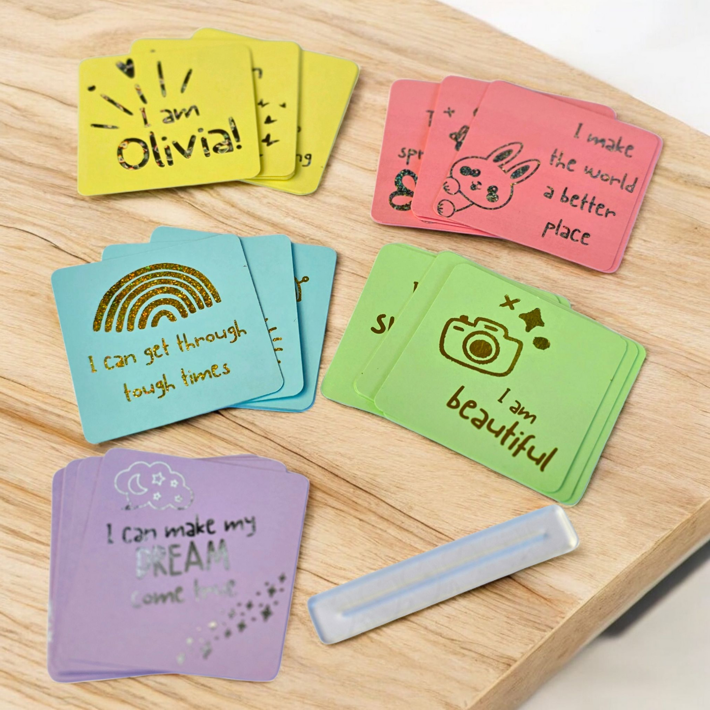 Kids Foil Affirmation Cards, Pack of 20 Mini Pastel Foil Quotes, Daily Positive Motivation Deck, Cute Self Love Gift Sparkly Glitter Cards
