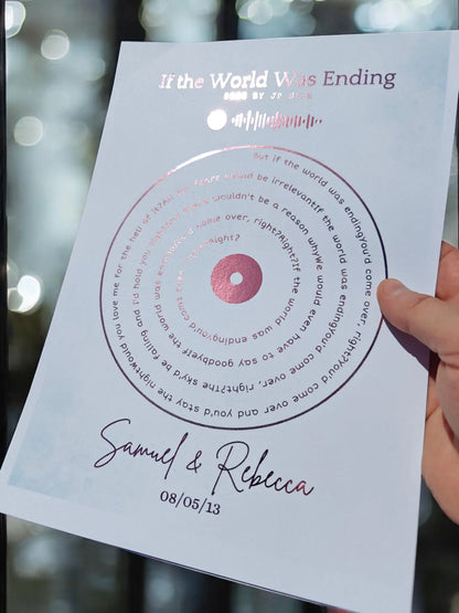 Custom A4 Foil Song Lyric Print Swirl Personalised Music Wall Art Spotify Code Link