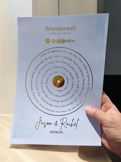 Custom A4 Foil Song Lyric Print Swirl Personalised Music Wall Art Spotify Code Link