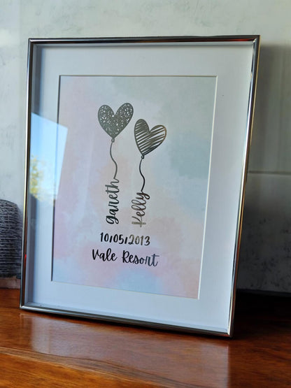 Personalised A4 Foil Wedding Art: Heart Balloon Design, Couple's Names