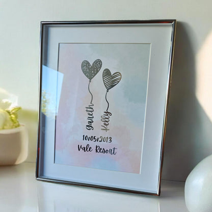 Personalised A4 Foil Wedding Art: Heart Balloon Design, Couple's Names