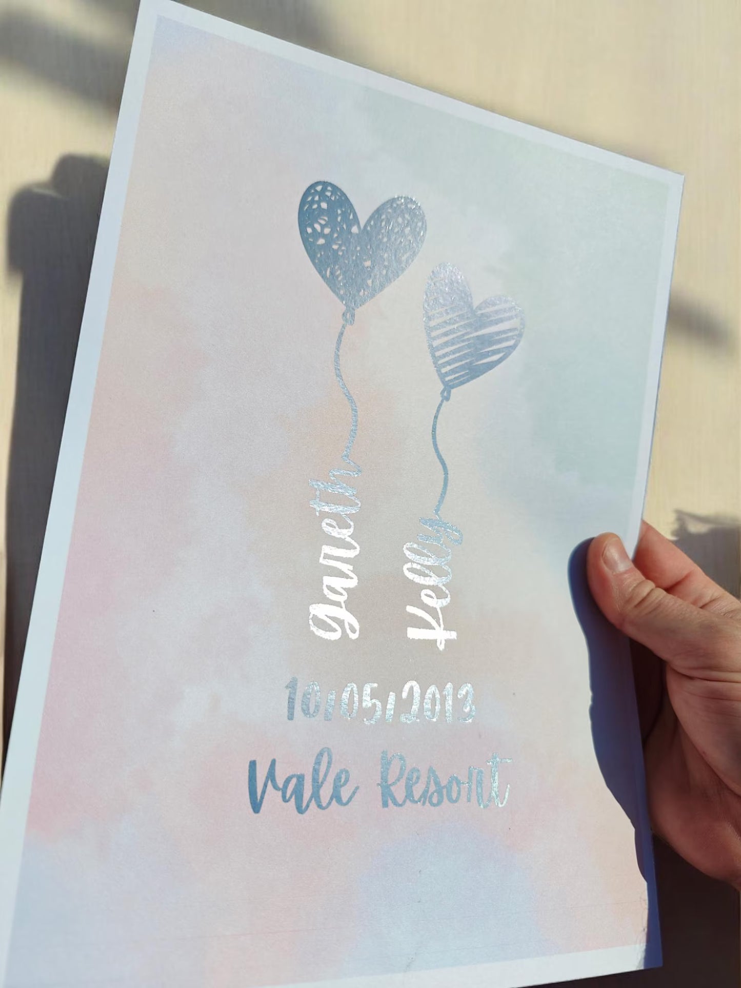 Personalised A4 Foil Wedding Art: Heart Balloon Design, Couple's Names