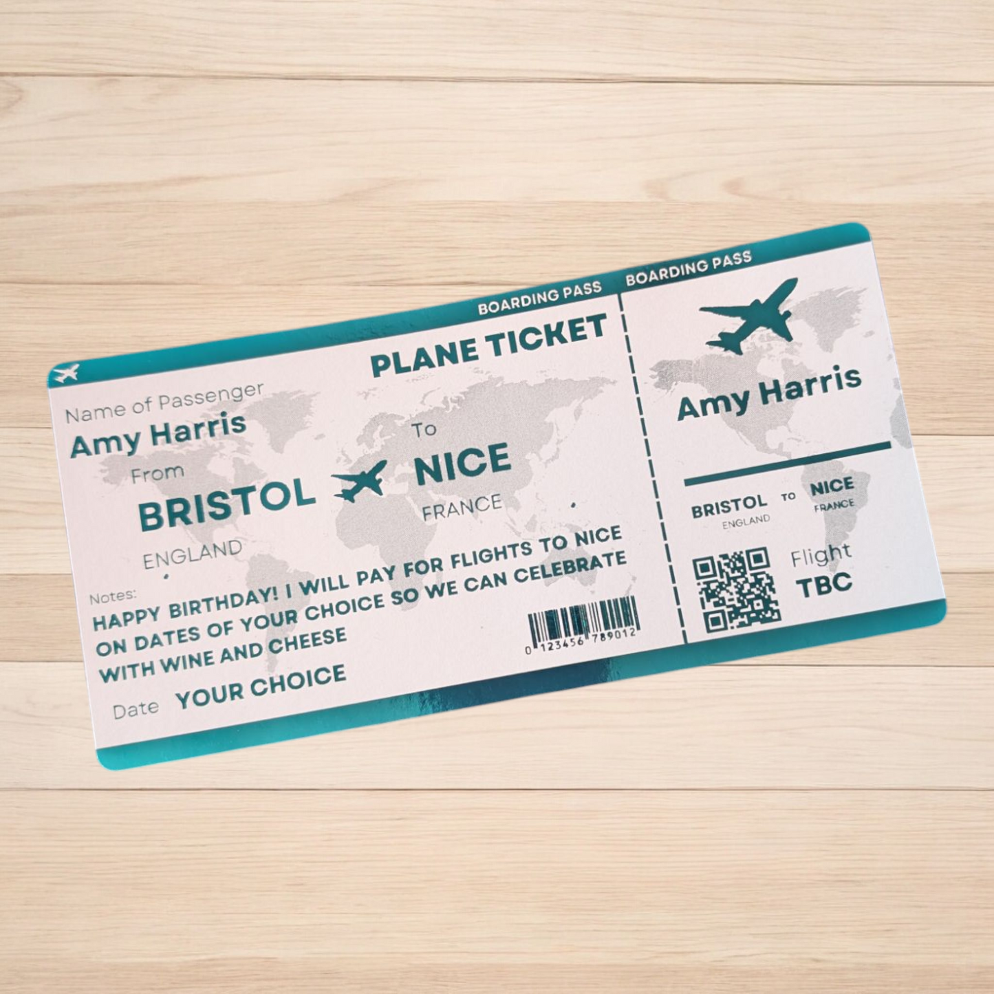Aeroplane Boarding Pass Flight Plane Holiday Weekend Away Foil Personalised Ticket Voucher - Trip Getaway Surprise Gift Gift Him Her Airplane